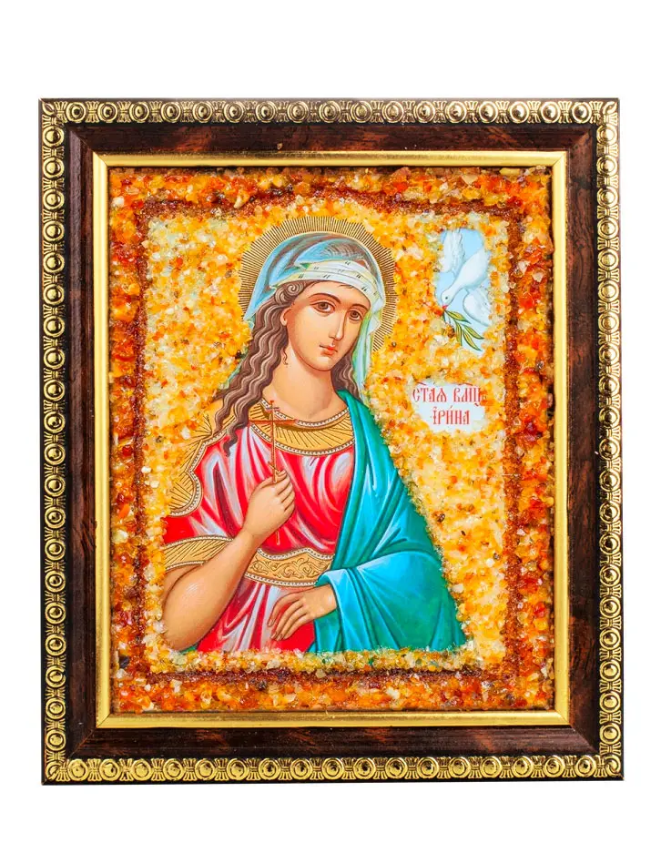 картинка Именная икона, украшенная натуральным янтарём «Святая великомученица Ирина» в онлайн магазине