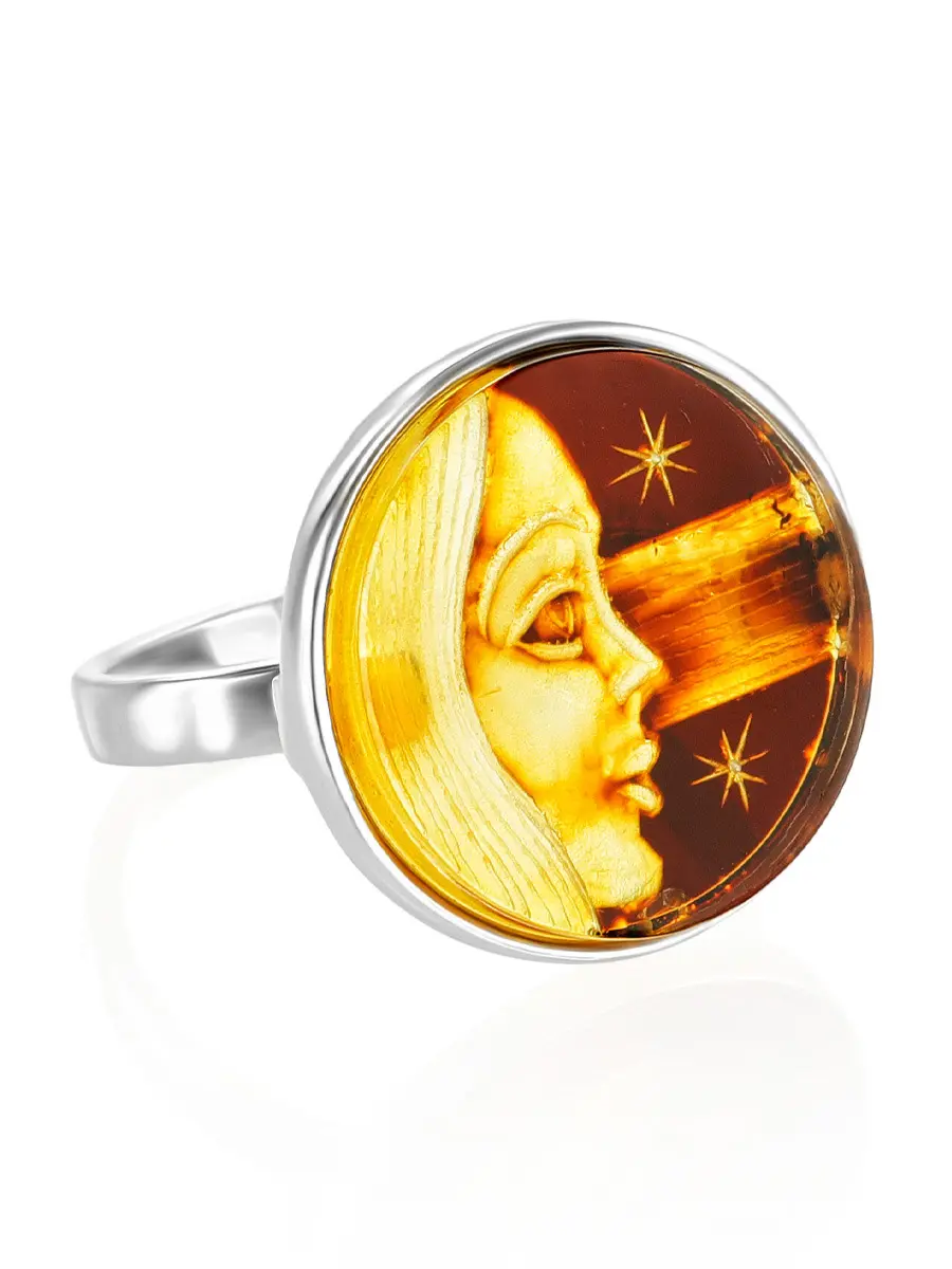 картинка Легкое изящное кольцо из серебра и янтаря с резьбой «Элинор» в онлайн магазине