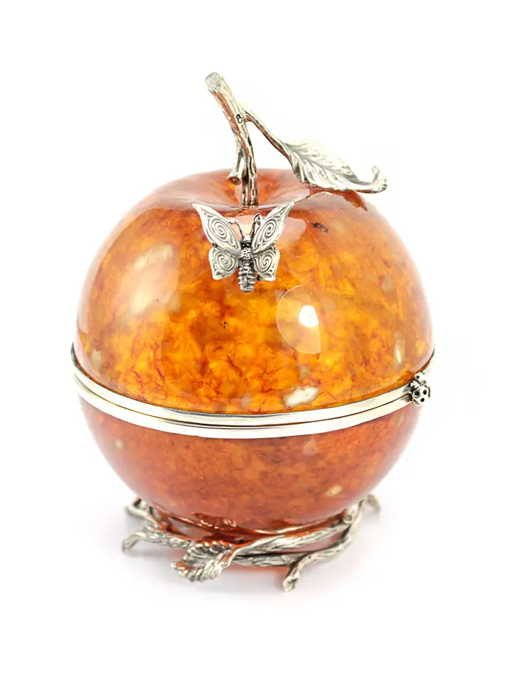 картинка Шкатулка из натурального янтаря и серебра 875 пробы «Райское яблоко» в онлайн магазине
