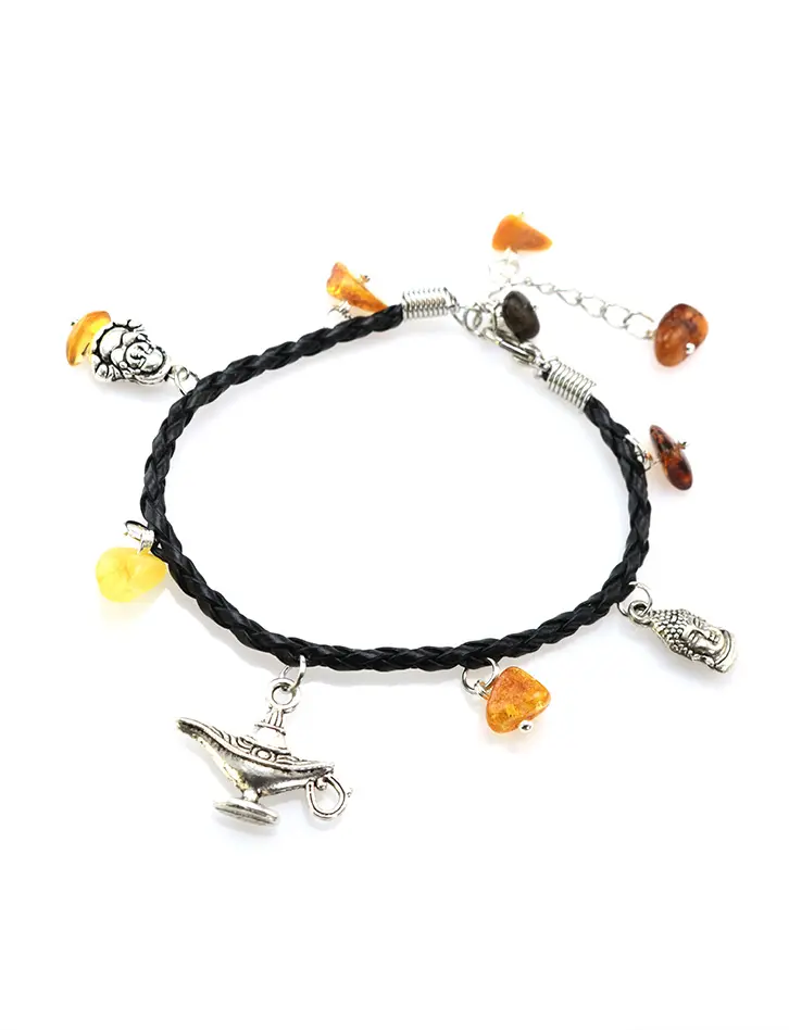 картинка Стильный плетёный браслет чёрного цвета с натуральным янтарём «Паттайя» в онлайн магазине