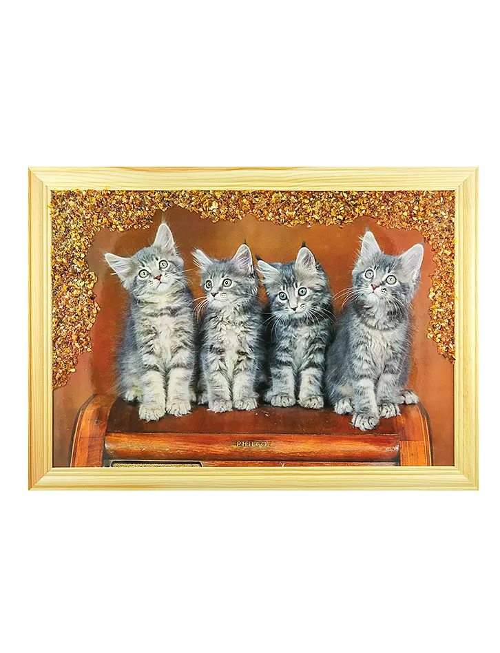 картинка Горизонтальная картина «Четыре котёнка», украшенная янтарём  в онлайн магазине
