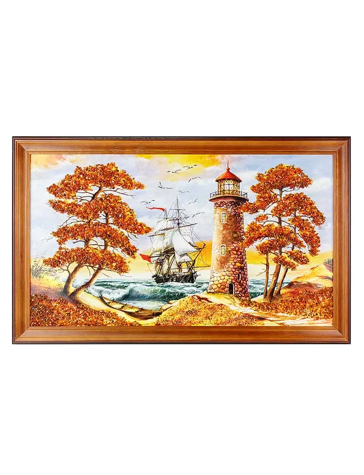 картинка Горизонтальная панорама с натуральным янтарём «Парусник и маяк в шторм» 47 см (В) х 77 см (Ш) в онлайн магазине