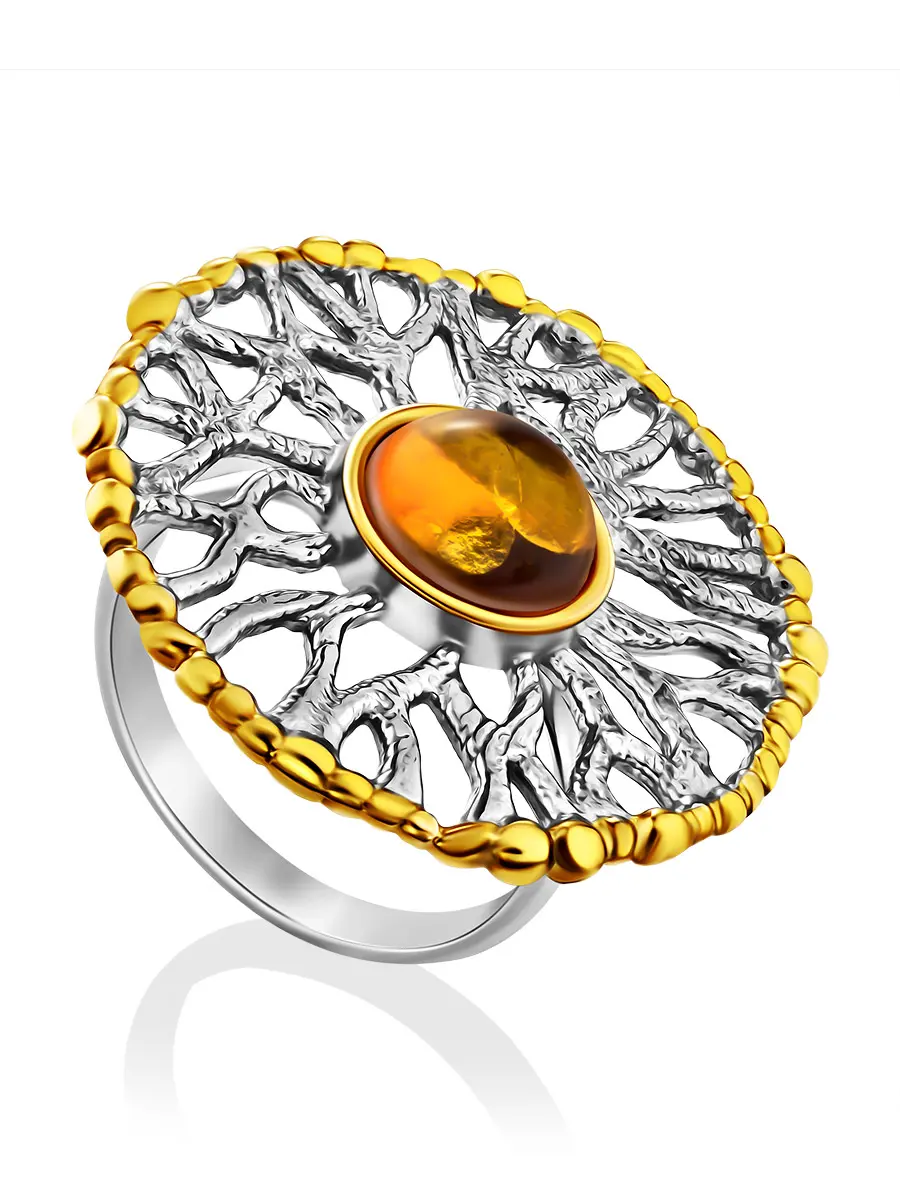 картинка Крупное ажурное кольцо из серебра и натурального янтаря «Алхимия» в онлайн магазине