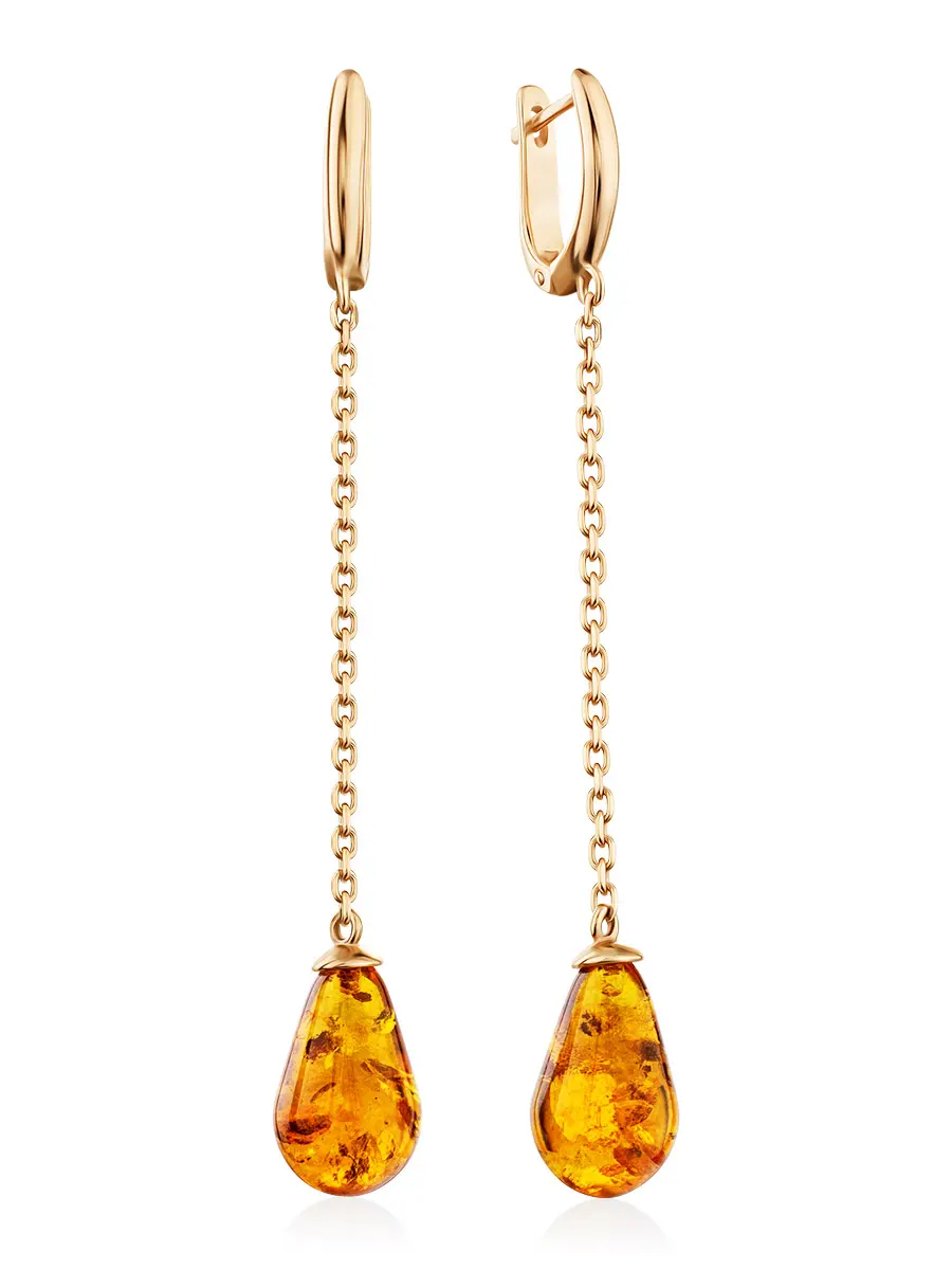 картинка Удлинённые серьги «Паланга» из натурального золотистого янтаря в позолоченном серебре в онлайн магазине