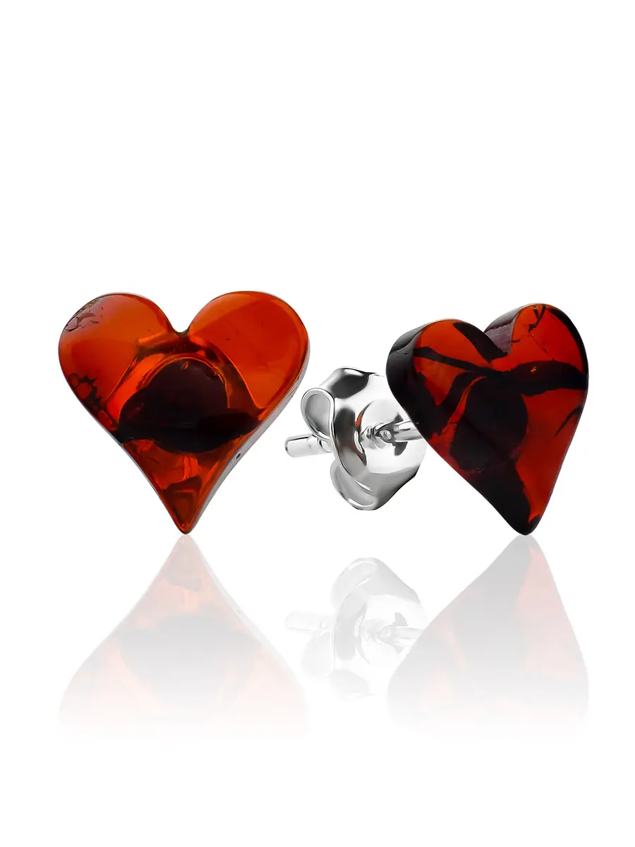 картинка Серьги-пусеты с натуральным вишнёвым янтарем «Червы» в онлайн магазине