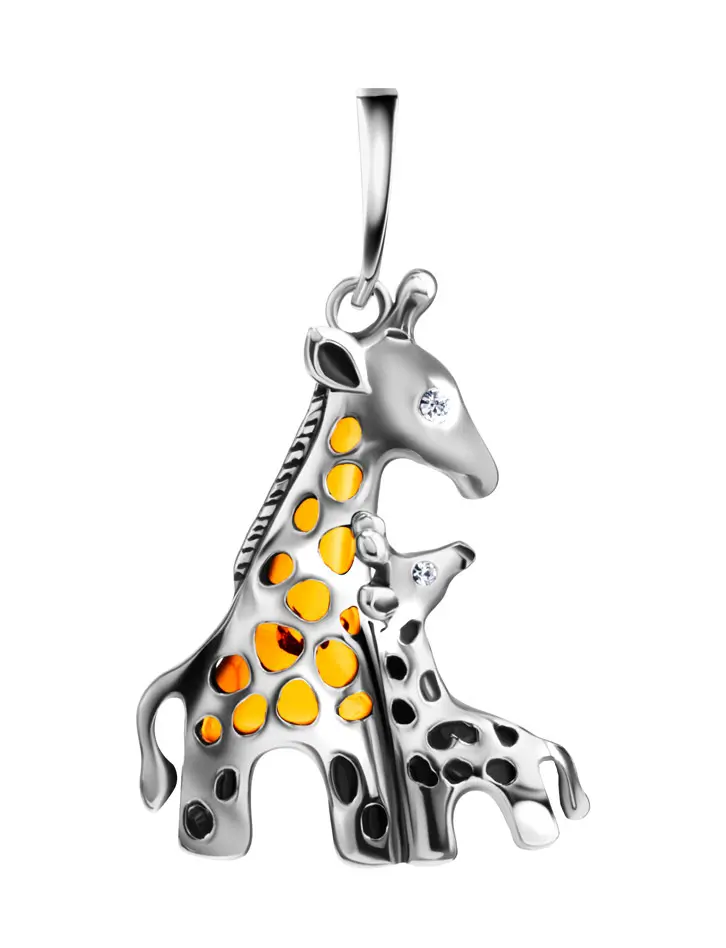 картинка Красивый кулон «Жирафы» с натуральным янтарём и кристаллами в онлайн магазине