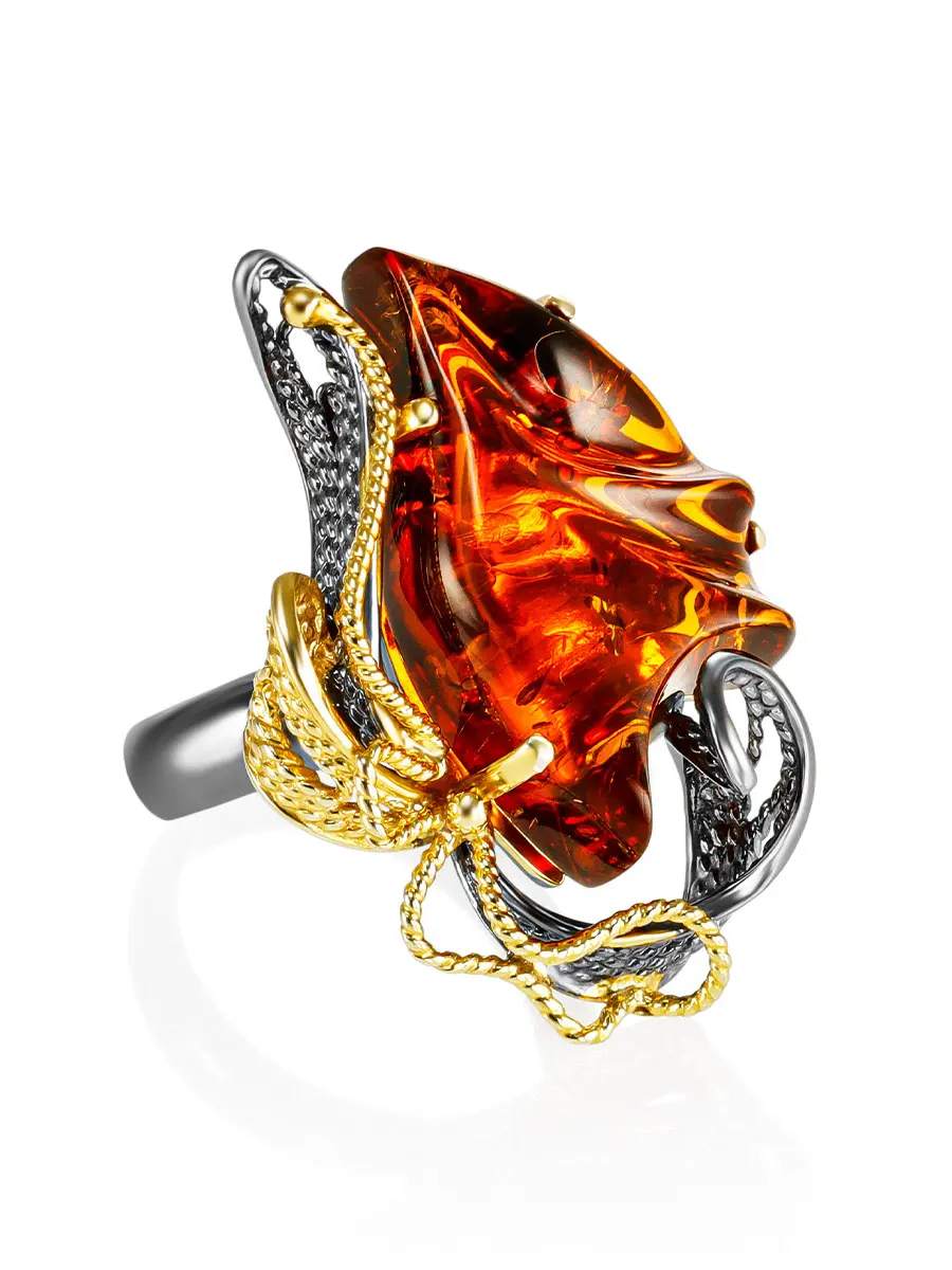 картинка Эксклюзивное кольцо с натуральным янтарём «Филигрань» в онлайн магазине