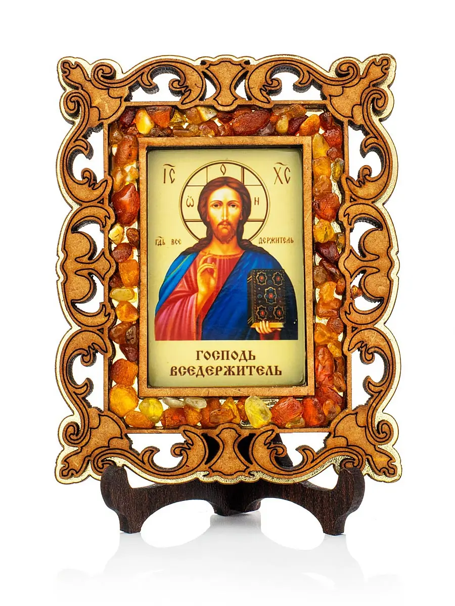 картинка Иконка в резной деревянной оправе с магнитом, украшенная янтарём «Господь Вседержитель» в онлайн магазине