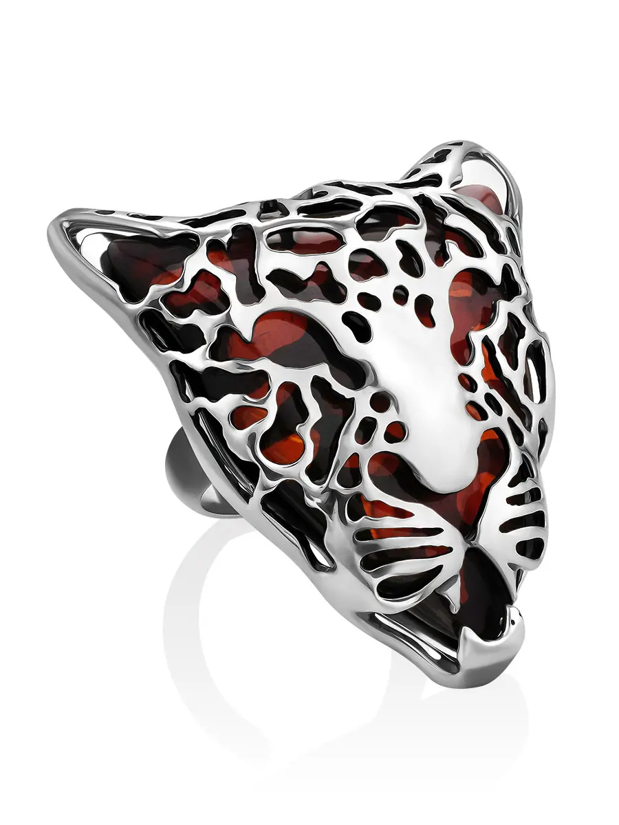 картинка Роскошное коктейльное кольцо «Леопард» из вишнёвого янтаря в онлайн магазине