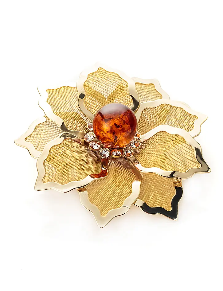 картинка Брошь в виде цветка с натуральным балтийским янтарём и кристаллами Beoluna в онлайн магазине