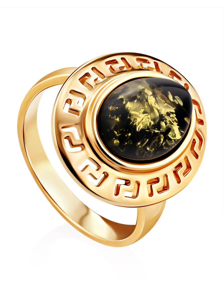 картинка Элегантное кольцо «Эллада» из зелёного янтаря в позолоченном серебре в онлайн магазине