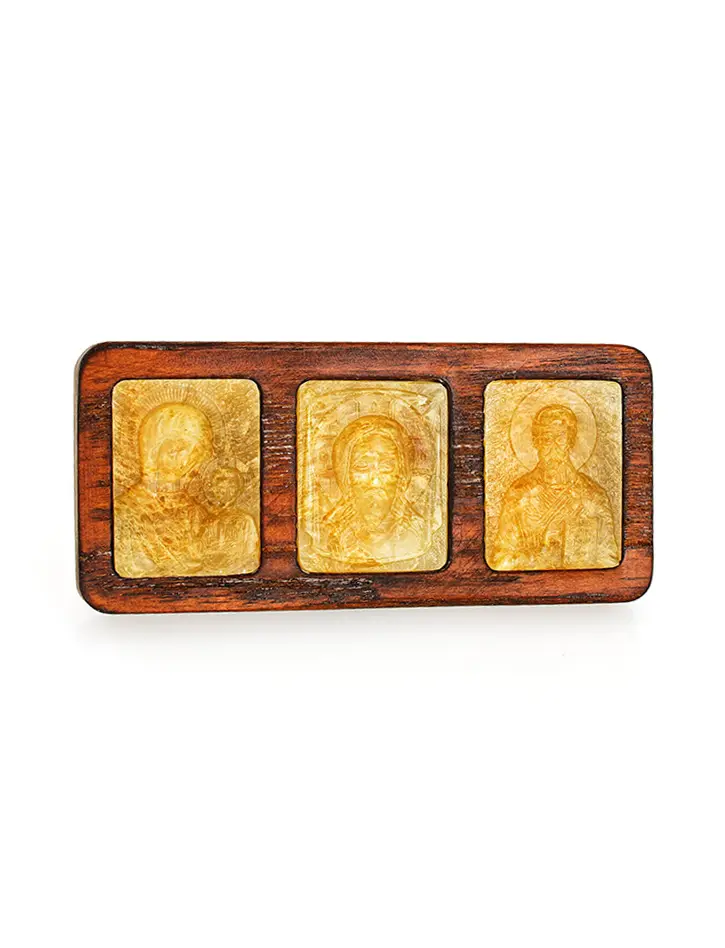 картинка Набор из трёх резных янтарных иконок в деревянной оправе для автомобиля в онлайн магазине