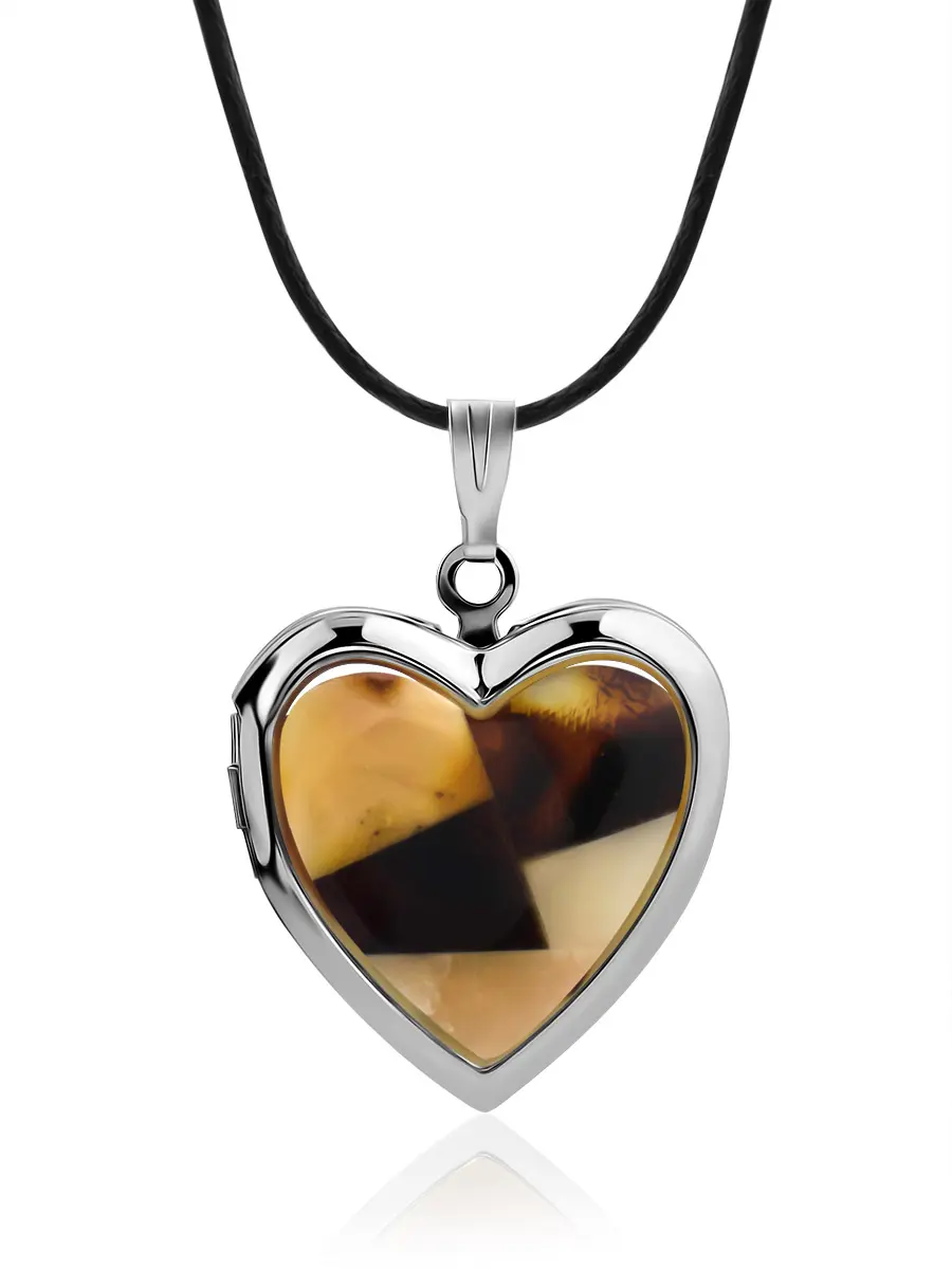 картинка Раскрывающийся медальон в форме сердца с натуральным балтийским янтарём в онлайн магазине