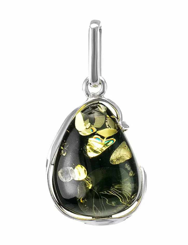 картинка Крупная янтарная подвеска округлой формы насыщенного зелёного цвета в серебре «Лагуна» в онлайн магазине