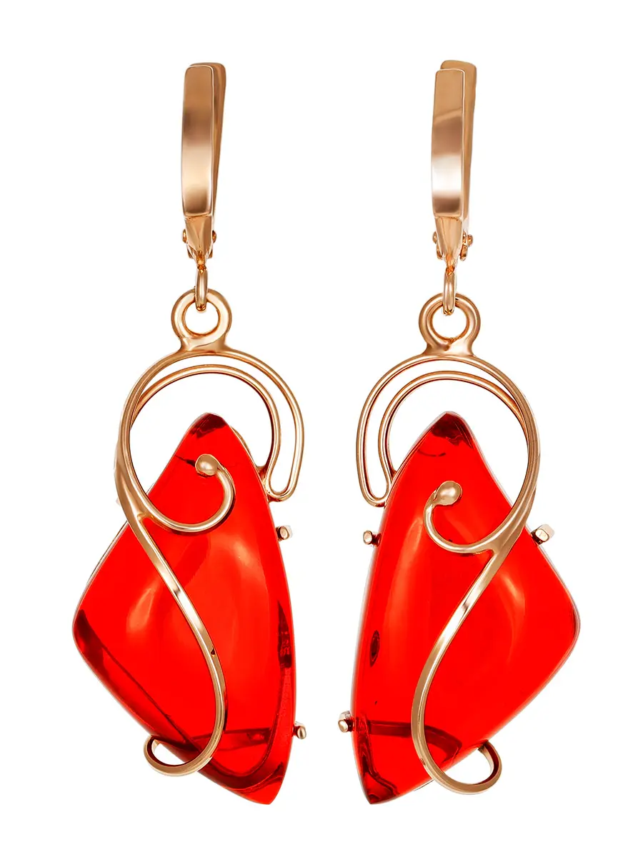 картинка Крупные серьги «Риальто» из позолоченного серебра и янтаря ярко-красного цвета в онлайн магазине