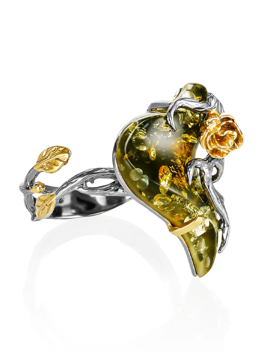 картинка Роскошное кольцо, украшенное цельным зелёным янтарём «Колибри» в онлайн магазине