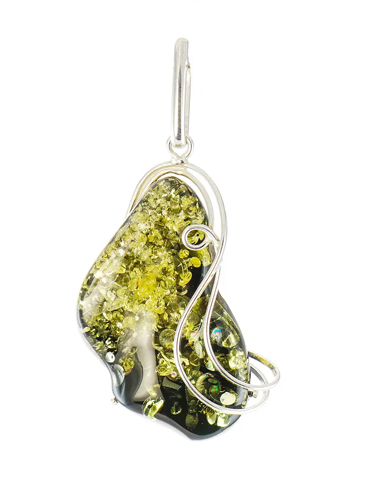 картинка Крупная серебряная подвеска «Риальто» из натурального янтаря насыщенного зелёного цвета в онлайн магазине