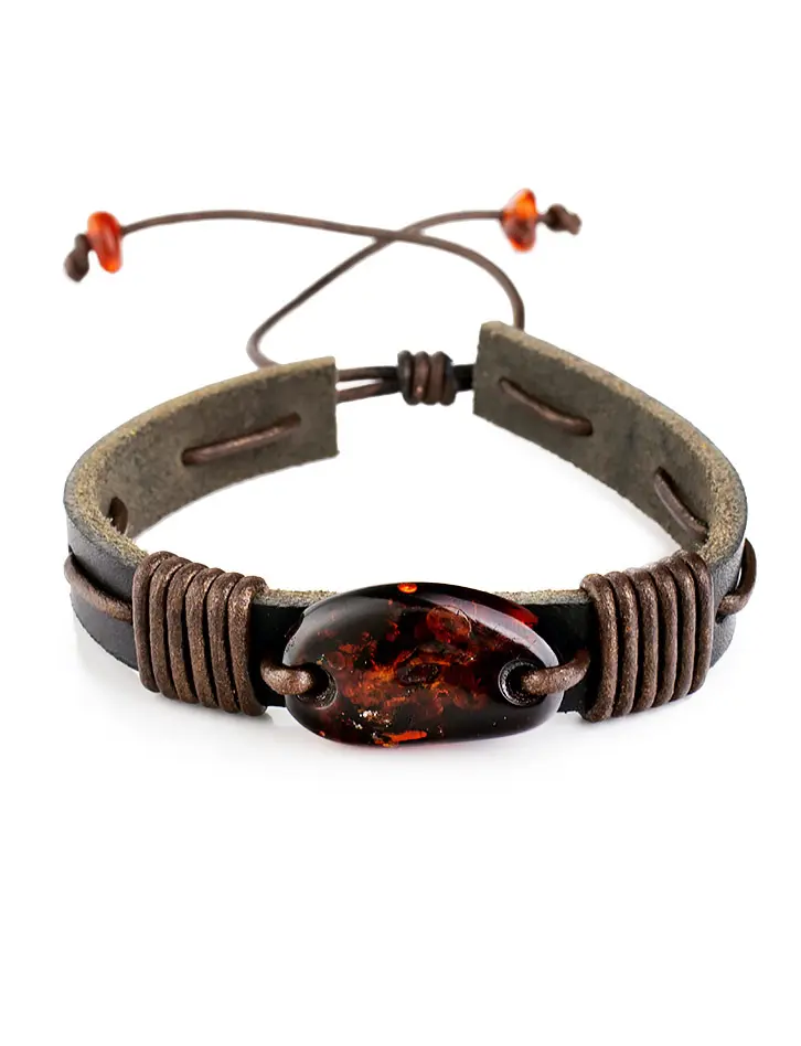 картинка Стильный кожаный браслет  с натуральным янтарём «Копакабана» в онлайн магазине