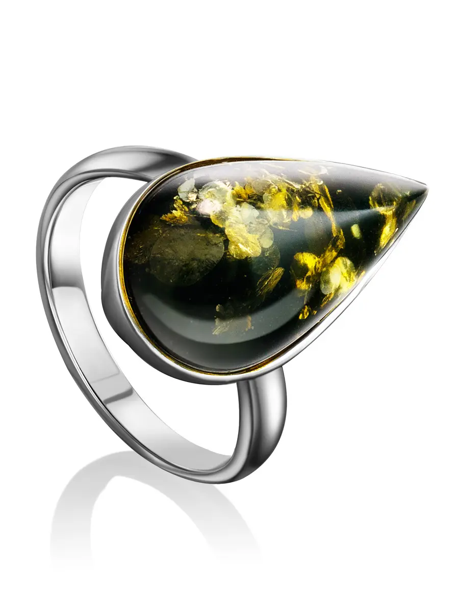 картинка Серебряное кольцо с каплевидной вставкой из янтаря зелёного цвета «Импульс» в онлайн магазине