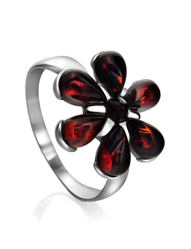 картинка Небольшое серебряное кольцо с вставками из натурального вишневого янтаря «Кувшинка» в онлайн магазине