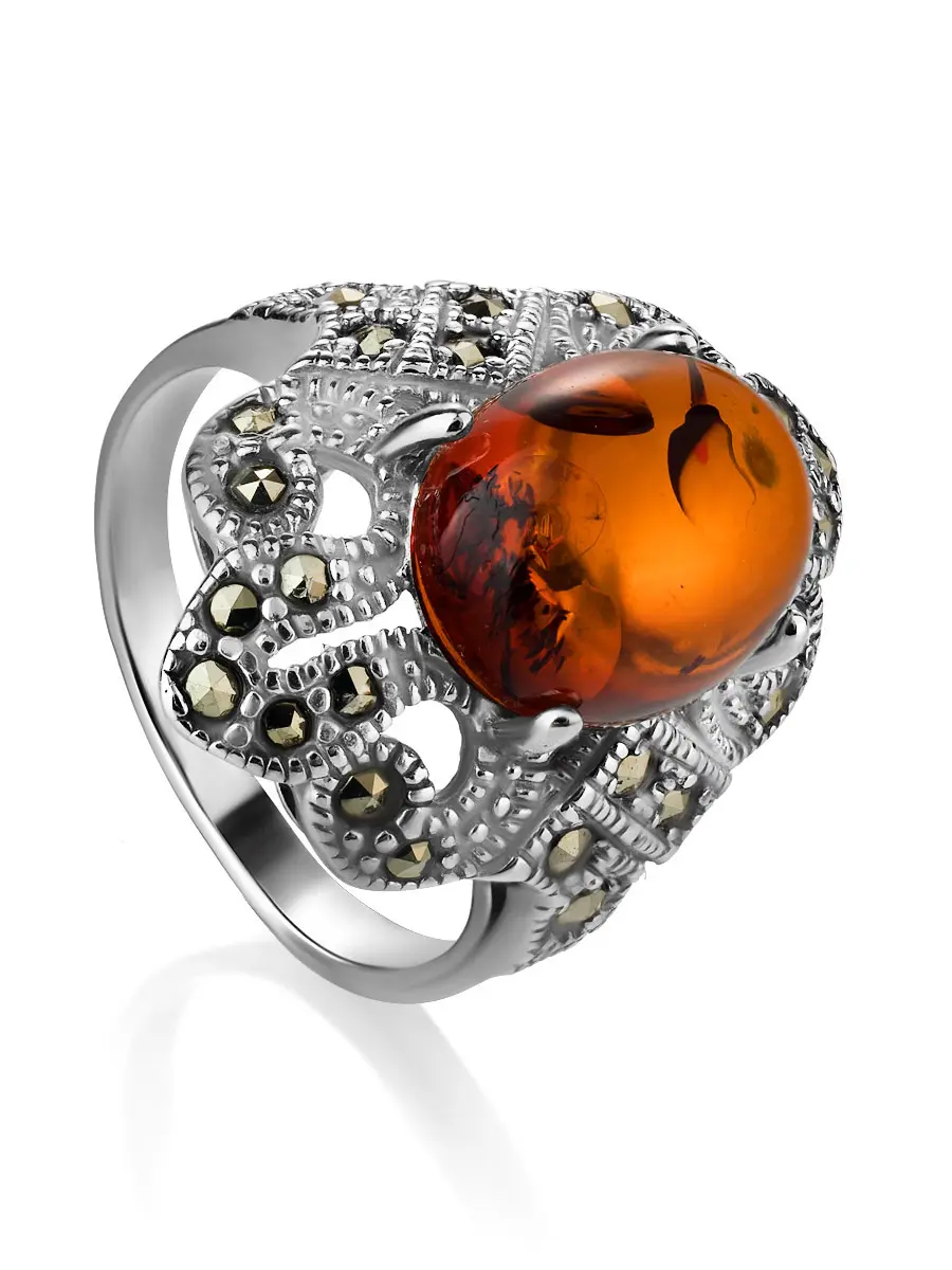 картинка Роскошное кольцо «Эйфория» с янтарем и марказитами в онлайн магазине