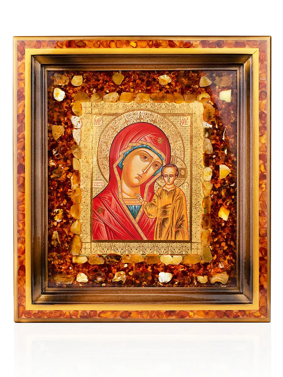 картинка Икона с натуральным балтийским янтарём «Казанская Богоматерь» в онлайн магазине