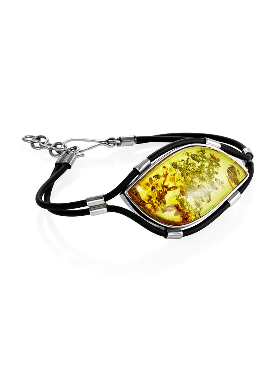 картинка Яркий необычный браслет «Тринити» из серебра с каучуком, украшенный колумбийским янтарём в онлайн магазине