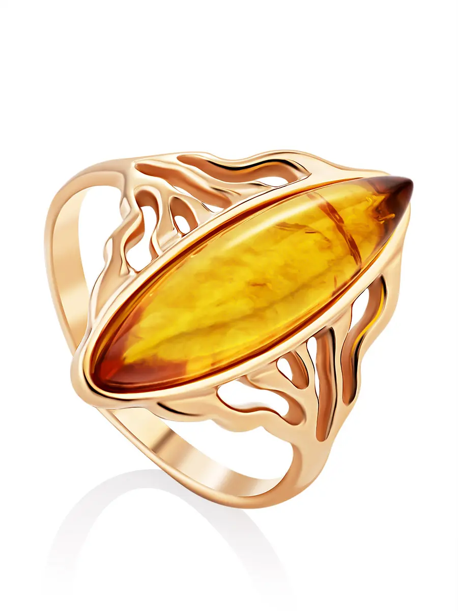 картинка Ажурное позолоченное кольцо с натуральным янтарём «Иллюзия» в онлайн магазине