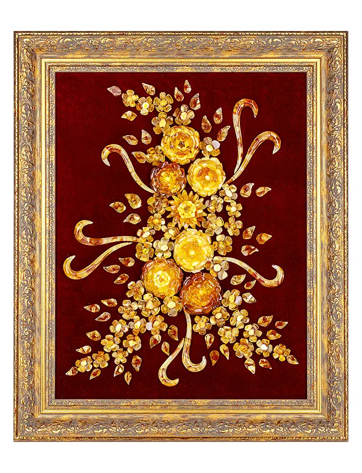 картинка Картина на вишнёвом бархате «Летний букет» из натурального янтаря в онлайн магазине