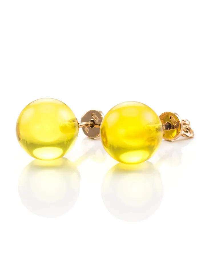 картинка Круглые серьги-пусеты из золота и натурального балтийского янтаря ярко-лимонного цвета в онлайн магазине