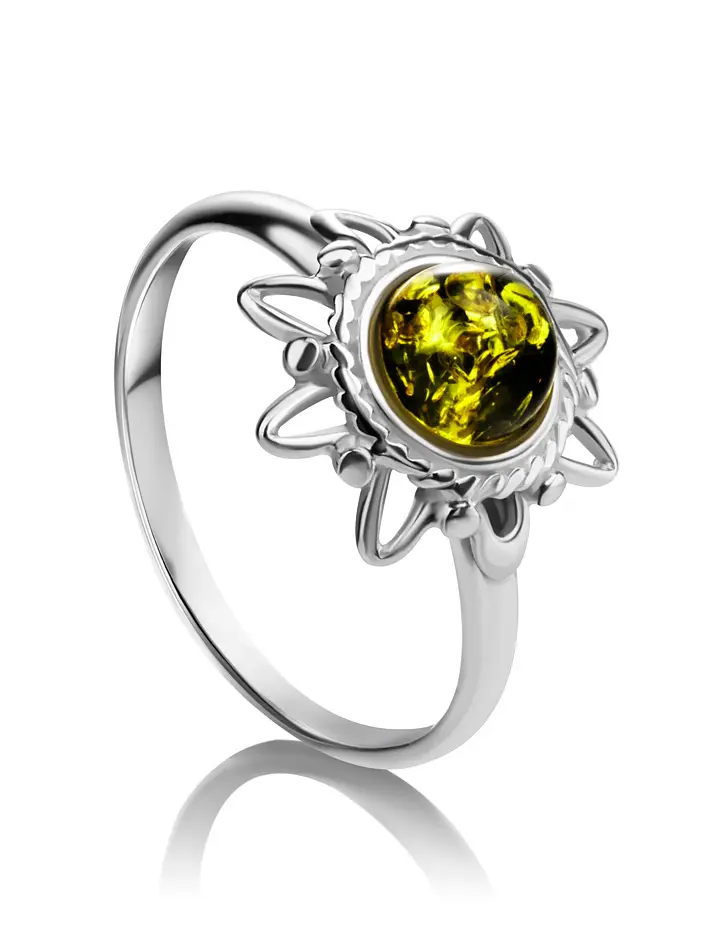 картинка Тонкое кольцо из серебра и янтаря зелёного цвета «Гелиос» в онлайн магазине