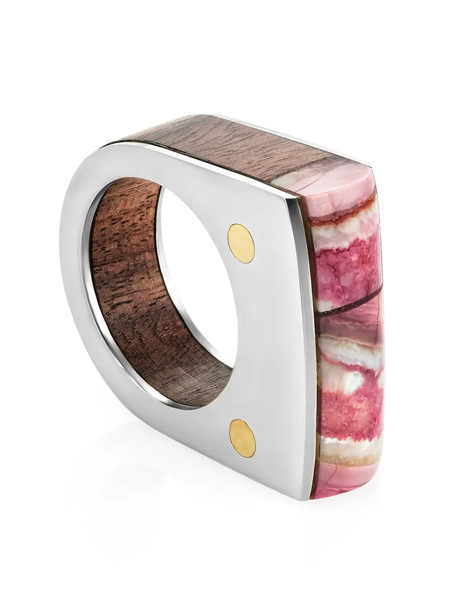 картинка Необычное кольцо из дерева и нейзильбера с зубом мамонта «Индонезия» в онлайн магазине