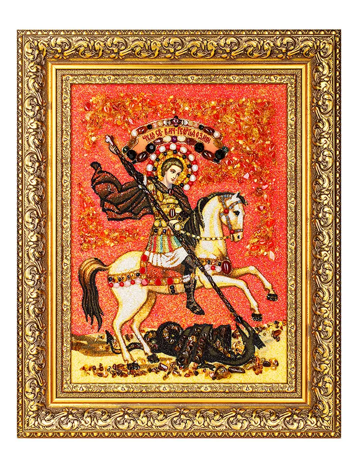 картинка Икона из натурального янтаря, жемчуга и самоцветов «Святой Великомученик Георгий Победоносец» в онлайн магазине