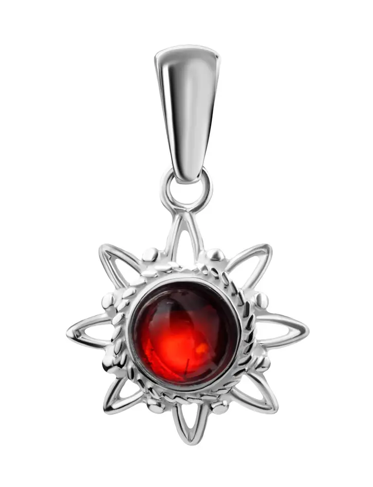 картинка Маленький ажурный кулон «Гелиос» из серебра с янтарём вишнёвого цвета в онлайн магазине