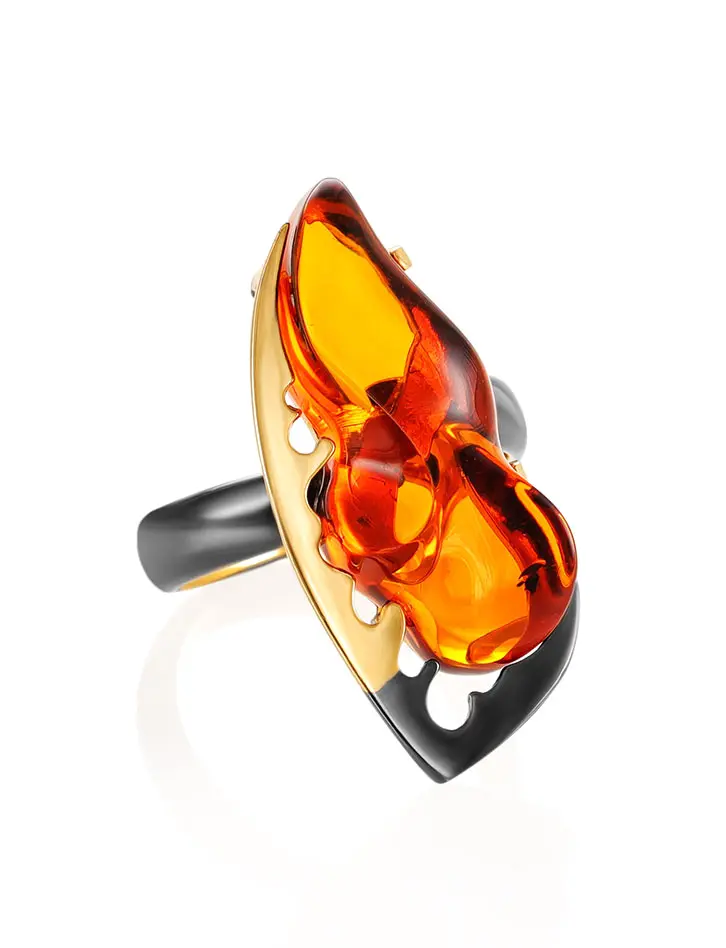 картинка Необычное кольцо из золочённого серебра с натуральным янтарём «Версаль» в онлайн магазине
