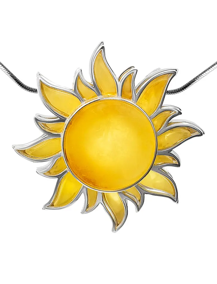 картинка Кулон в форме солнца из серебра и натурального янтаря «Апрель» в онлайн магазине