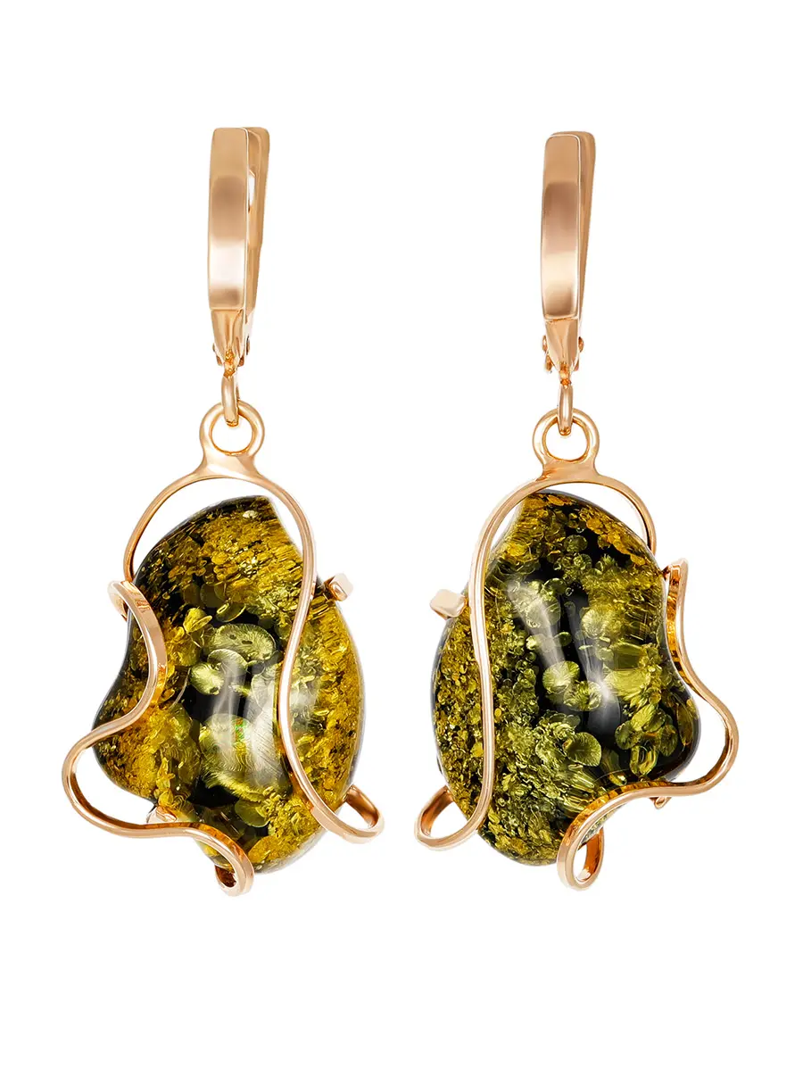 картинка Яркие серьги из позолоченного серебра и цельного янтаря зелёного цвета «Риальто» в онлайн магазине