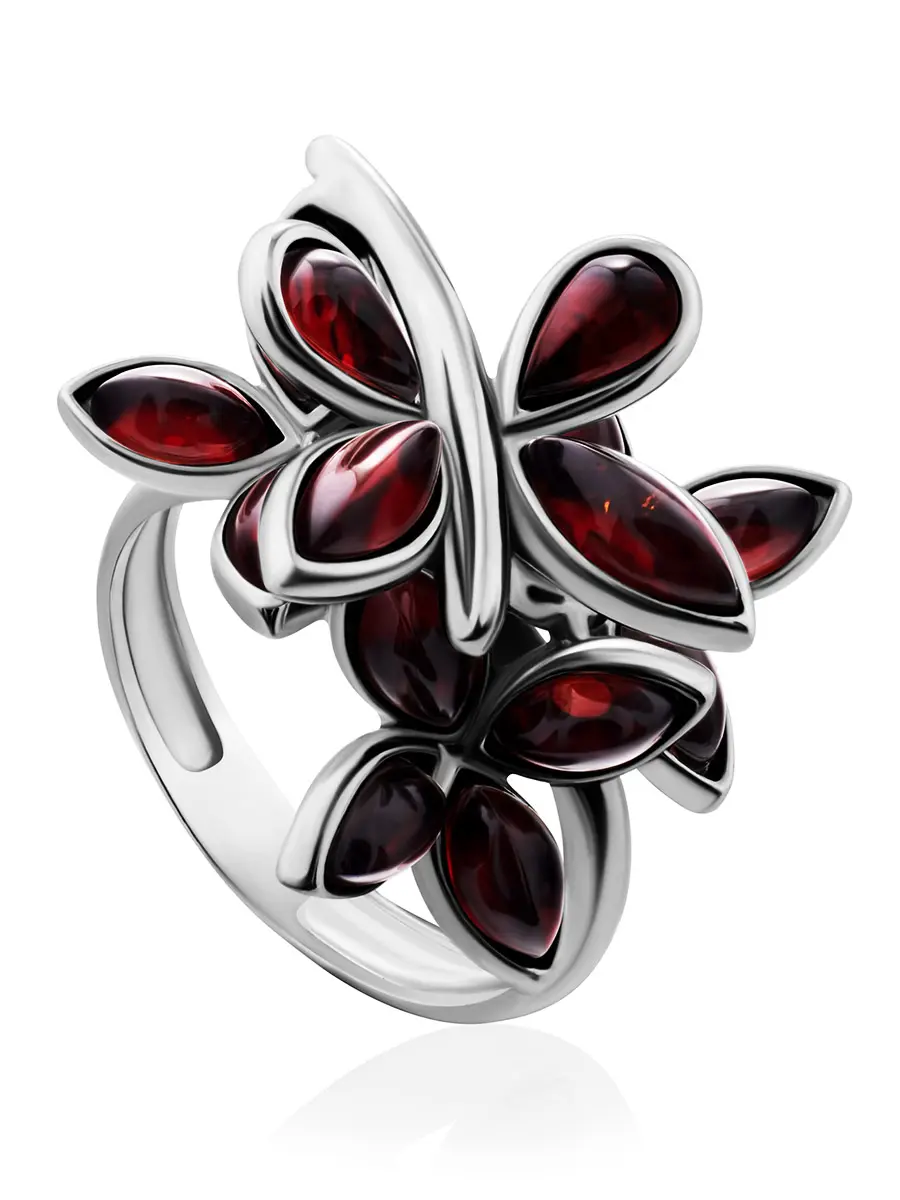 картинка Объемное кольцо с янтарными вставками вишневого цвета «Лаванда» в онлайн магазине