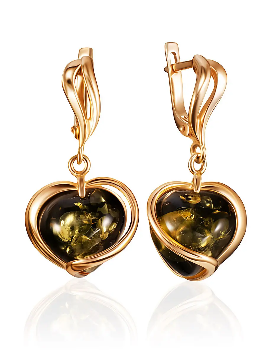картинка Необычные серьги с натуральным зелёным янтарём в серебре с позолотой «Сердце» в онлайн магазине