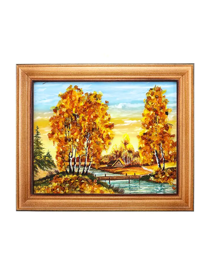 картинка «Деревенская река». Небольшая картинка горизонтального формата, украшенная янтарем в онлайн магазине