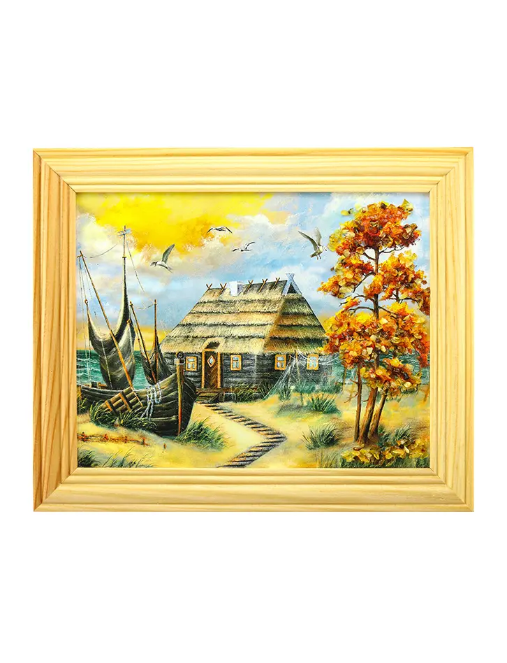 картинка Небольшое горизонтальное панно, украшенное янтарем «Дом рыбака» в онлайн магазине