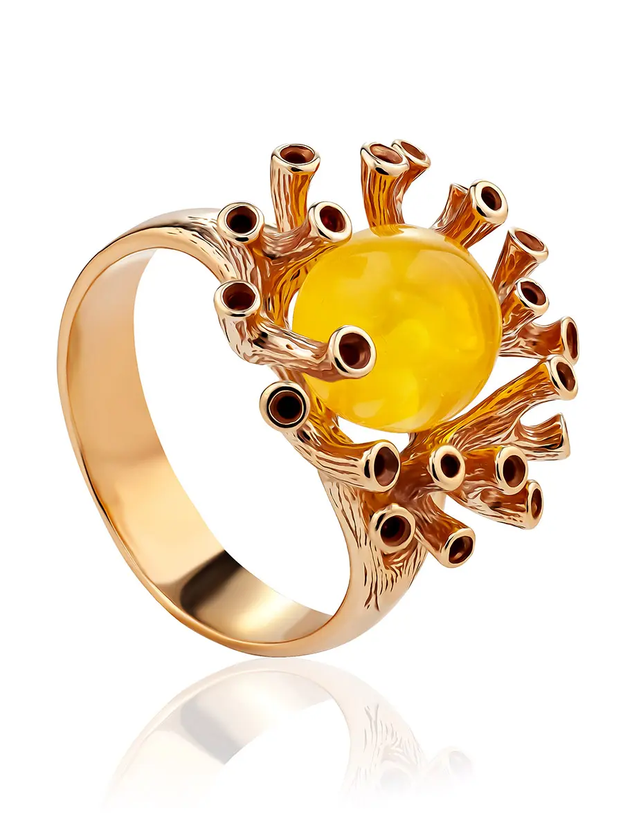 картинка Красивое позолоченное кольцо с натуральным медовым янтарём «Барбадос» в онлайн магазине