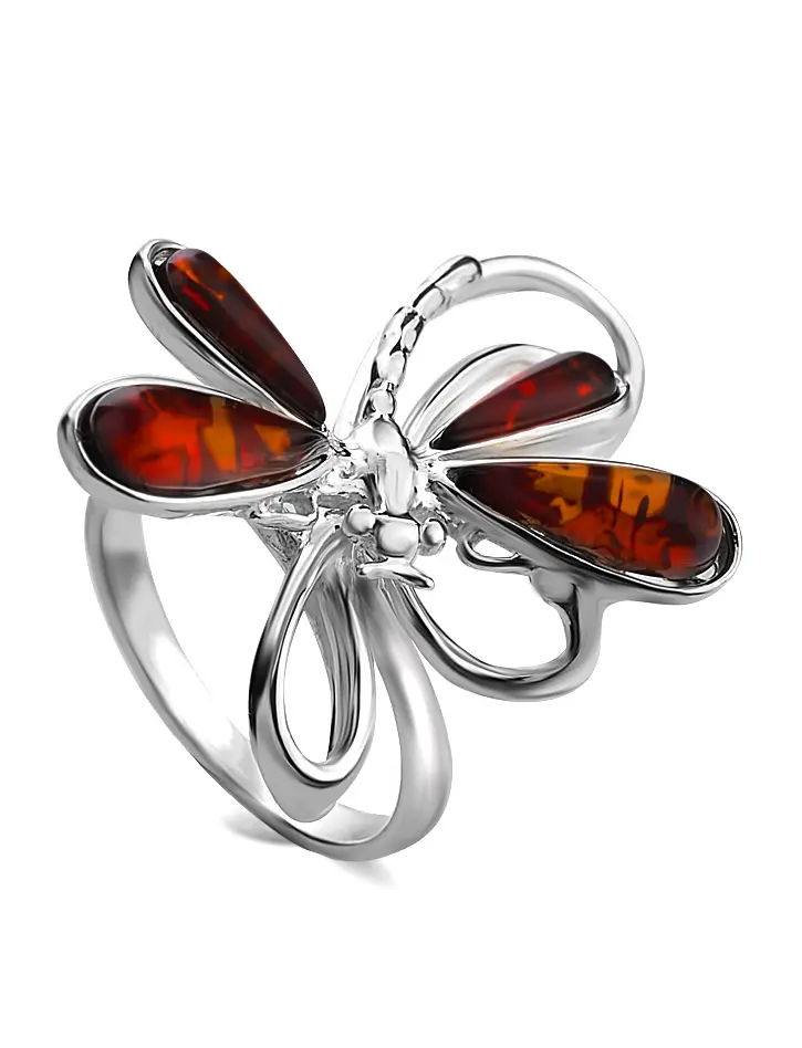 картинка Яркое оригинальное кольцо из серебра и натурального балтийского вишнёвого янтаря «Стрекоза» в онлайн магазине