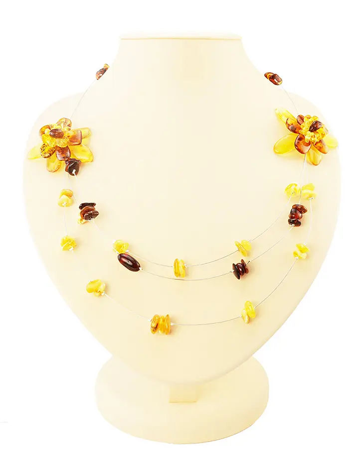 картинка Колье с цветами из натурального янтаря четырёх цветов «Воздушное» на струне в онлайн магазине