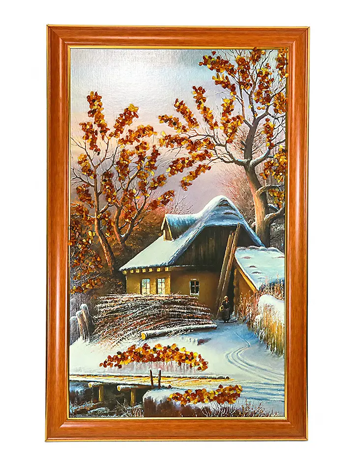 картинка Крупная вертикальная картина с натуральным янтарем «Зимний пейзаж» в онлайн магазине