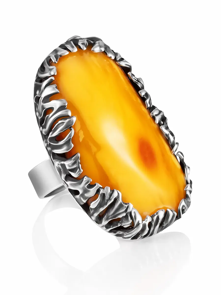 картинка Роскошное объёмное кольцо с натуральным медовым янтарём в онлайн магазине