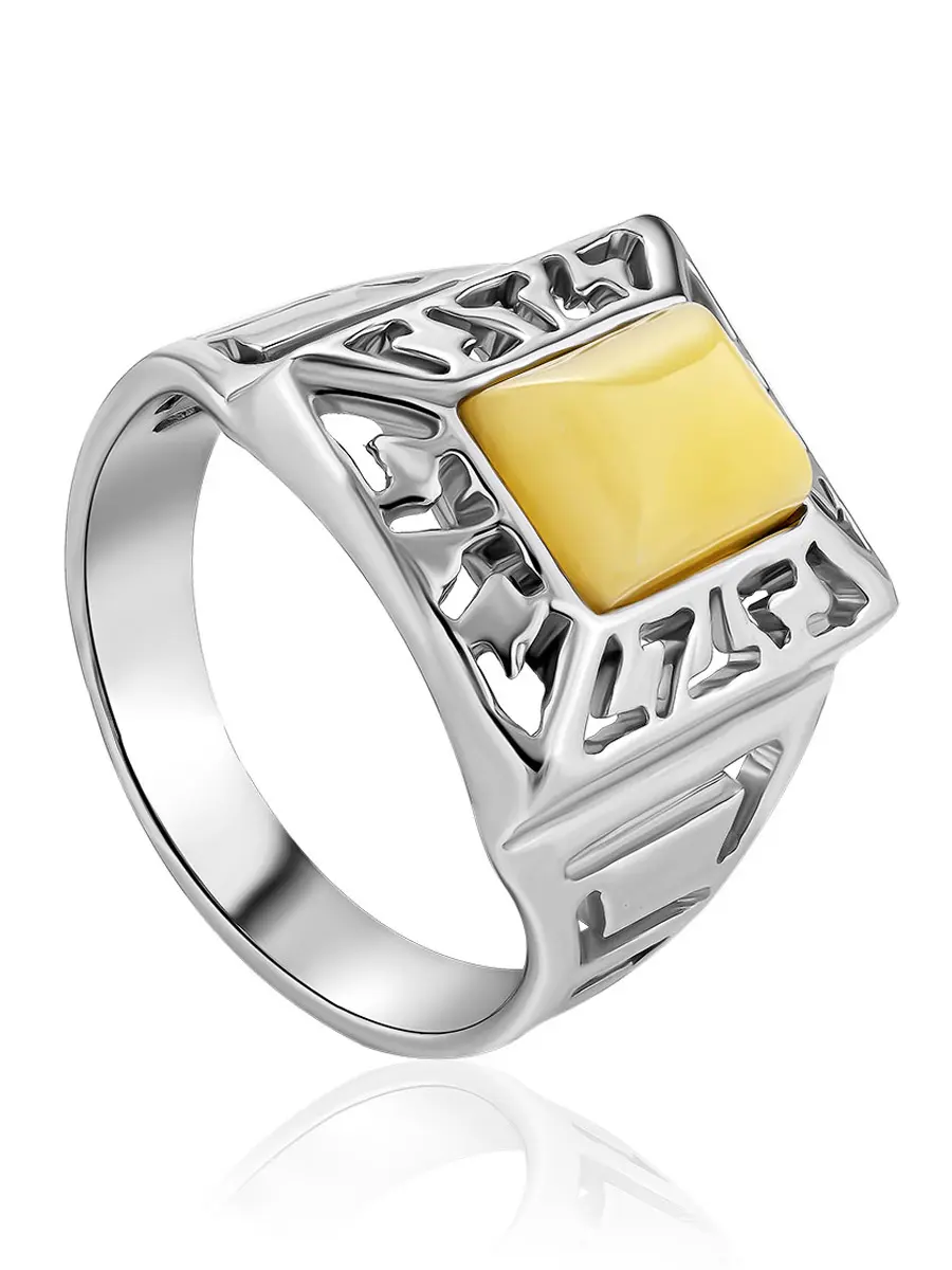 картинка Стильный перстень «Итака» с натуральным янтарём медового цвета в онлайн магазине