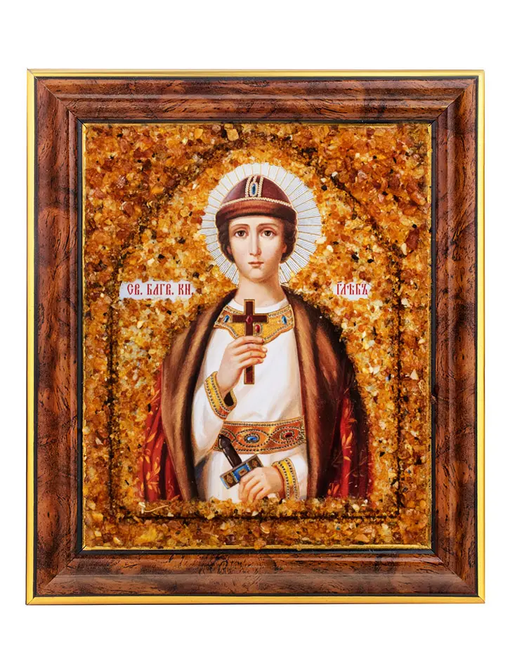 картинка Именная икона, украшенная янтарём «Святой благоверный князь Глеб» в онлайн магазине