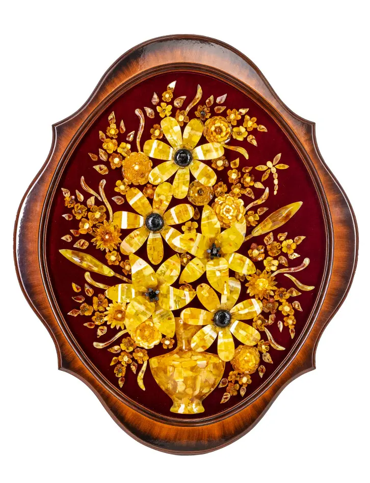 картинка Роскошное декоративное панно из натурального янтаря на бархате «Ваза с лилиями» 63 х 53 см в онлайн магазине