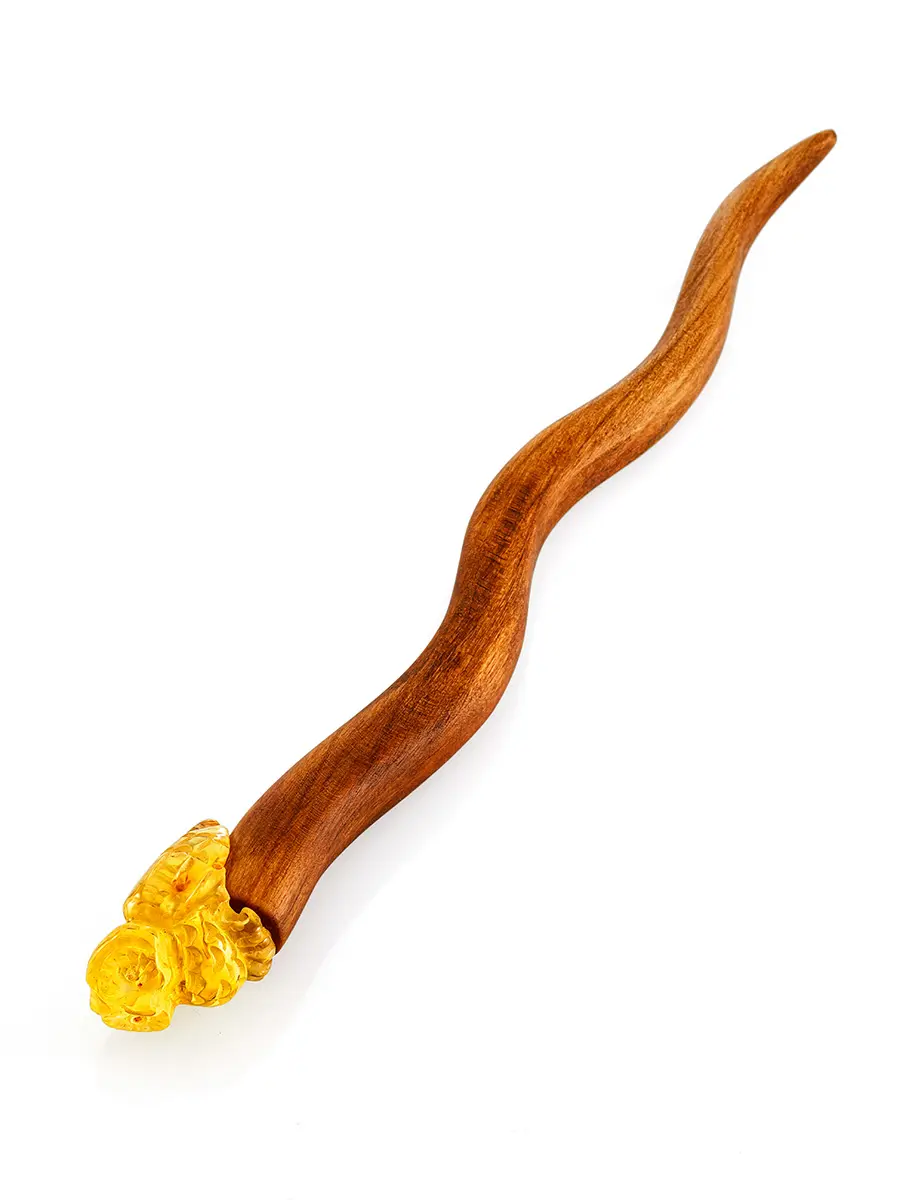 картинка Китайская заколка-палочка из дерева, украшенная резным наконечником из янтаря «Сова» в онлайн магазине